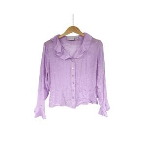 Vintage Y2K Worthington Purple Ruffle Swiss Dot Blouse Silk Fairy Womens 10